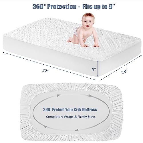 Waterproof Crib Mattress Protector, Bamboo 3D Air Quilted Fitted Baby Mattress Cover, Soft And Breathable White Toddler Mattress Pad 52"×28", 2 Pack #TOP3