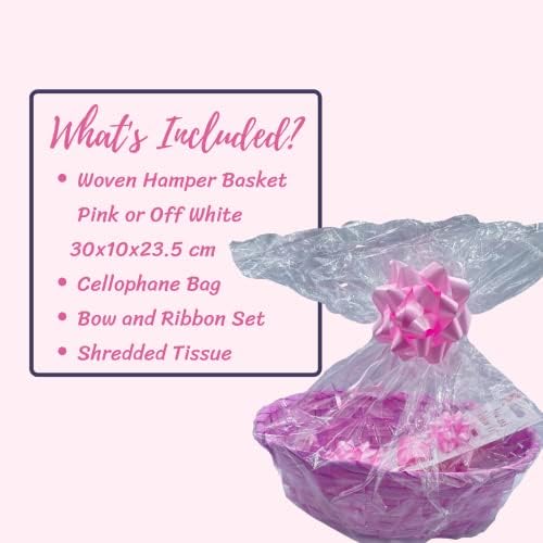 Hamper Baskets for Gifts - 1x Empty Wicker Basket Pink, Cellophane Bag, Shredded Tissue, Bow, Ribbon - Make Your Own Hamper Kit for Mothers Day, Personalized Gift for Birthday, Baby Shower Wedding