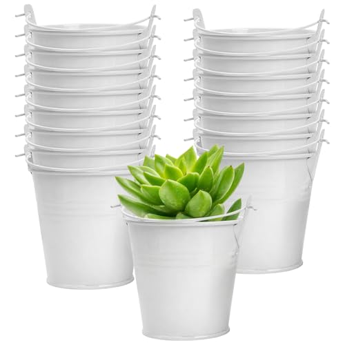 16 Pcs White Mini Buckets, Small Metal Bucket 3" Galvanized Tin Buckets with Handles, White Flower Succulent Pots, Small Metal Pencil Holders for Crafts, Party Favors, Organization