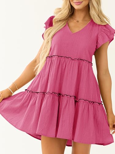 Image of Women's Summer Babydoll Mini Dress V Neck Tie Back Ruffle Sleeve Casual Tiered Loose Flowy Swing Tunic Shift Dress