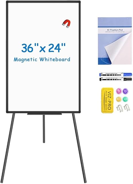 VIZ-PRO Magnetic Whiteboard Easel Black, 90 x 60 cm, Portable Dry Erase Board Height Adjustable for School Office and Home