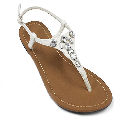 H2K Fashion Flip Flop, Diana' Women's Beach Summer Rhinestone Flip-Flop [Thong Sandal] Comfortable Flat Slipper With Ankle Strap - White, 5 M [Us Size] #TOP21