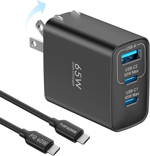 65W USB C Charger Block, 3 Ports GaN Wall Charger Foldable Compact Type C Fast Charging for MacBook iPad Pro/Air, iPhone 15/16 Pro/Pro Max, for Samsung Galaxy S24/S23, Black
