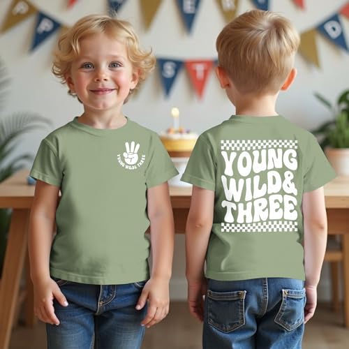 BOUTIKOME Young Wild and Three Birthday Boy Shirt 3rd Birthday Outfit 3 Year Old Boy T-Shirt Third B-Day Party Tees Tops3