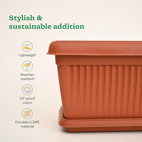 Image of UGAOO Bellow Rectangle Window Planter - Set of 3 | Terracotta Colour | Long & Deep Planters for Balcony Railings, Windowsills & Gardens | Lightweight, Durable & Recyclable | Matte Finish