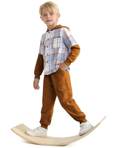 Image of 2Pcs Boys Clothes Sweatsuit Set Hoodie Flannel Plaid Shirt and Jogger Pants for Kids Fall Winter Spring Outfits