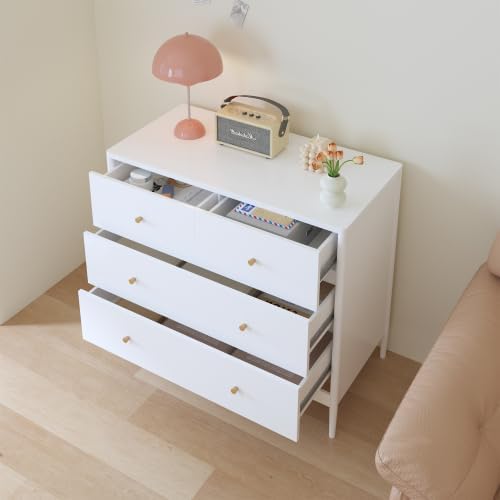 Dresser with 4 Drawers, White, Wooden, Modern Chest of Drawers for Bedroom