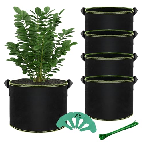 BLIENKREBY Sacchi per Piante 12 L, 5 Pezzi Sacchetti in Tessuto non Tessuto, Vasi per Piante da Esterno con Cartellini per Etichettare Con Manici, per Pomodori, Fragole, Patate, Carote