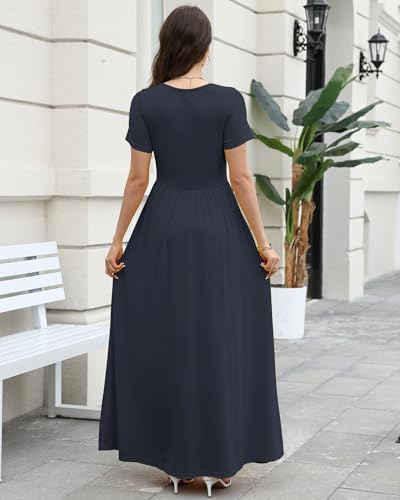 Image of COSSEN Women's Crew Neck Short Sleeve Maxi Dress with Pockets Casual Loose Swing for Wedding Guest Beach Vacation