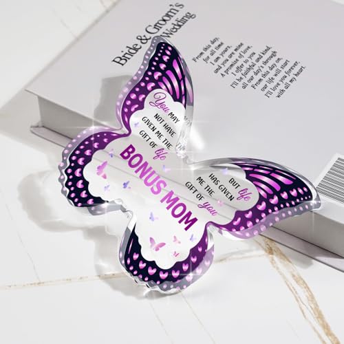 GLEEVERA Mothers Day Gifts for Bonus Mom, Bonus Mom Gift Ideas from Daughter Son, Butterfly-Shaped 5x3.8x0.5 Decorative Acrylic Plaques Gifts for Birthday Christmas Thanksgiving Valentines