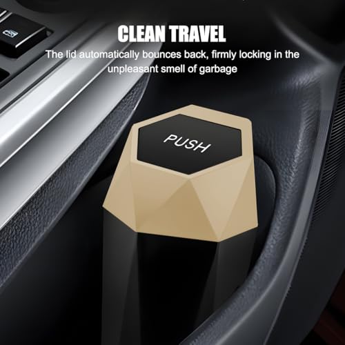 Image of Car Trash Can with Lid, Mini Leakproof Fragrance Vehicle Cup Holder Garbage Bin for Console Door, Small Portable Auto Interior Dustbin Organizer Accessories, Universal Fit (Gold)