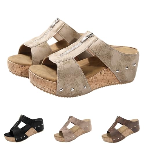 Wedge Flat Sandals Round Open Toe Platform Slides Slip-On with Thick Sole and Open Toe Decorative Rivets shoes (23.0 cm,beige) [