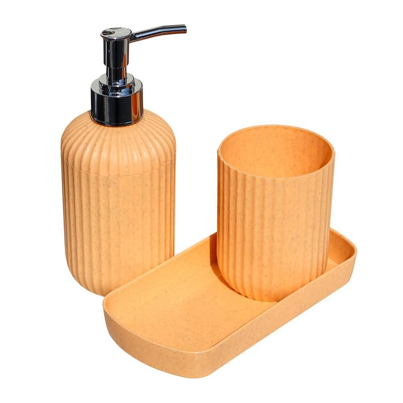 Image of 3PCS Set Bathroom Soap Dispenser Set with Toothbrush Holder and Vanity Tray Unbreakable (Peach)