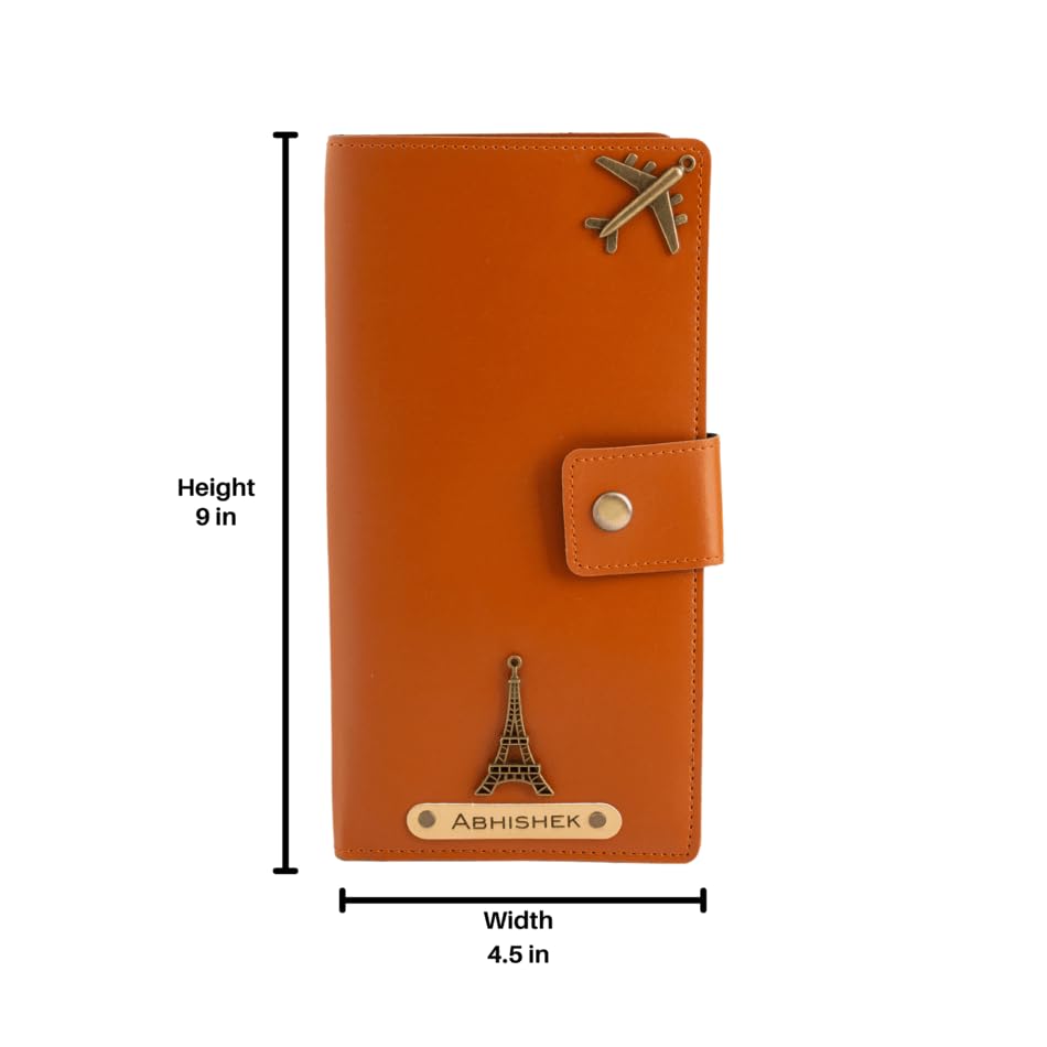 Image of AICA Personalized Name & Charm Long Leather Wallet Passport Cover (Tan Brown) with Boarding Pass Holding Currency Card Slot & Coin Holder for Men & Women | Birthday Travel Gifts for Friends Family