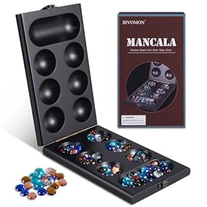 Wooden Mancala Board Game-Classic Table Games-72+8 Bonus Multicolored Glass Stones-Portable Travel 2 Player for Kids & Adults