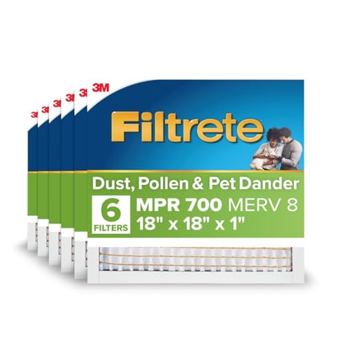 Image of Filtrete 18x18x1 AC Furnace Air Filter, MPR 700, MERV 8, Tough on Pollen, Easy on Airflow, 3-Month Pleated 1-Inch Electrostatic Air Cleaning Filter, 6-Pack (Actual Size 17.81 x 17.81 x 0.81 in)