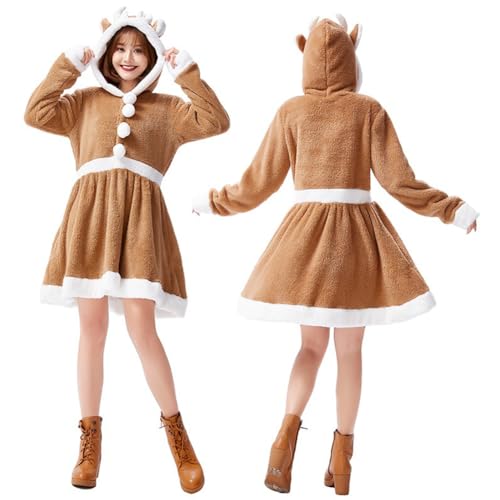 [Limspace] クリスマス コスプレ トナカイ サンタ衣装 ワンピース レディース ふわふわ 可愛い 着ぐるみ 大きいサイズ 长袖 ワンピース フード付き サンタクロース 仮装 クリスマス コスチューム 親子服 イベント パーティー 新年会 文化祭 [並行輸入品]