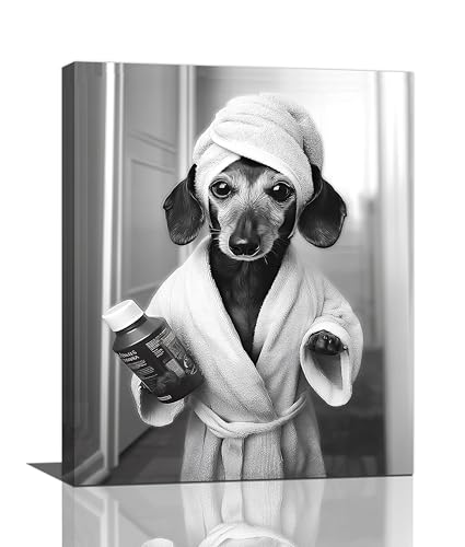 Crekviy Funny Dachshund Bathroom Decor Wall Art Black and White Dog Pictures Cute Weiner Dog Bathrobe Bathing Canvas Prints Painting Artwork Home Decorations Framed Gifts 16"x20"