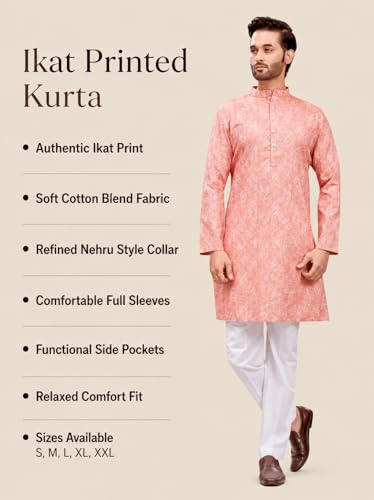 Image of Studio Shringaar Men's Cotton Blend Relaxed Fit Ikat Printed Knee Length Kurta