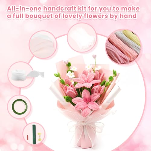 600 PCS Pipe Cleaners Craft, 6 Colors Pipe Cleaner Bulk Flower Kit, Chenille Stems Bulk with Floral Wires, Gardening Tape, Stamen, Wrapping Paper & Ribbon, DIY Art and Craft Supplies - Pink Gradient - Image 5