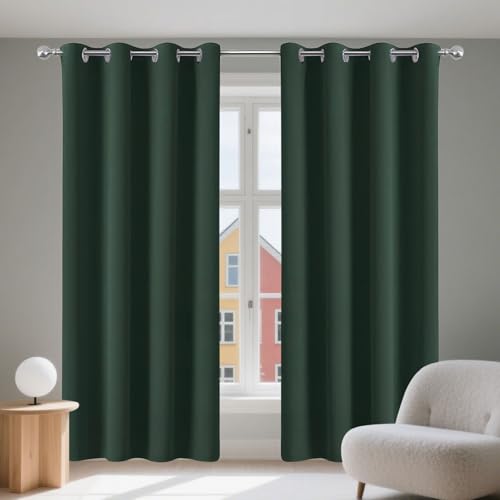 FEIJDON Blackout Curtains Home 155 x 130 cm Room Darkening Pencil Pleat Thermal Curtains & Drapes for Bedroom, Kitchen, Nursery, Dark Green