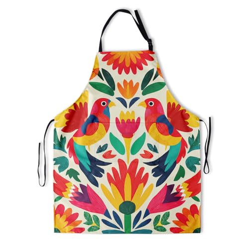 DZGlobal Mexican Apron with Pockets - Mexico Aprons Colorful Floral Birds Kitchen Chef Apron for Cooking Gardening Painting