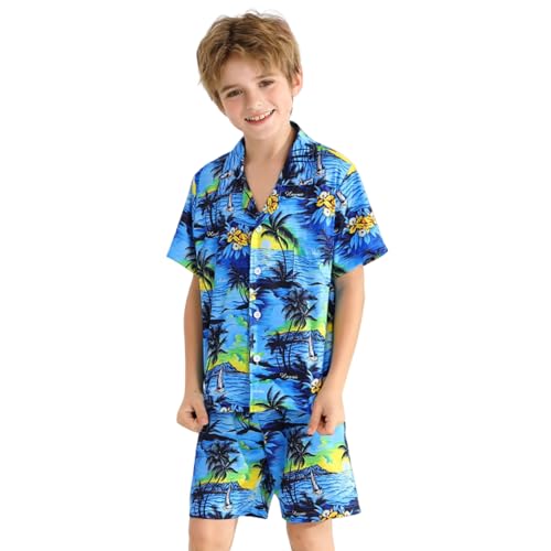 Image of Weixinbuy Boys Summer Outfits Short Sleeve Hawaiian Shirt and Shorts Vacation Set for Kids Summer Clothes Set