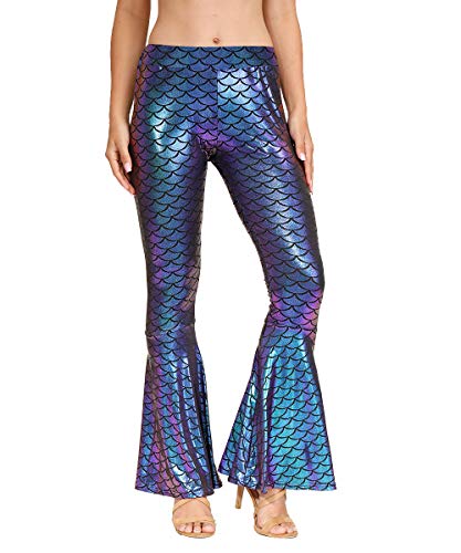 Halloween Costume Women Sexy Fish Scales Printed Tight Pants Shiny Leggings Multi-Color M