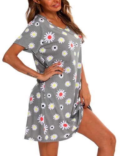Image of ENJOYNIGHT Womens Cotton Nightgown Short Sleeve Sleepshirt Print Nightshirt | Short-Sleeve Crew Neck, Soft Cotton Fabric, Cartoon Printed Sleep Shirt, Loose Fit