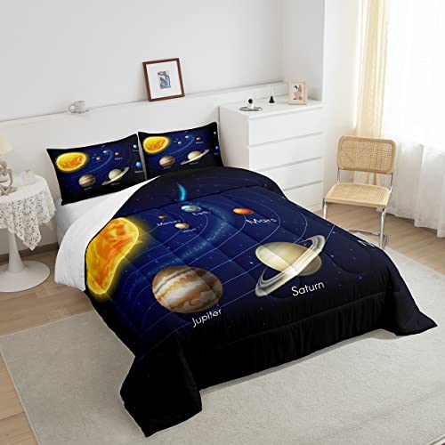 Feelyou Conjunto de edredom de solteiro sistema solar para meninos, conjunto de cama espacial galáxi