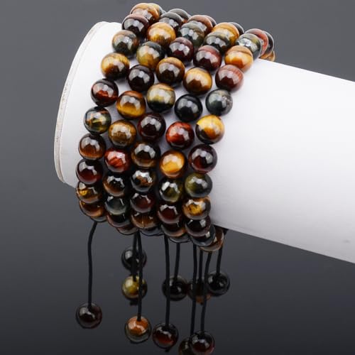 Image of MASSIVE BEADS Natural Healing Power Gemstone Crystal Beads Unisex Adjustable Macrame Bracelets, 6mm, Stone, tiger eye