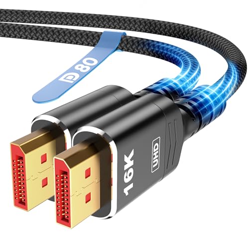 Highwings 80Gbps Displayport Cable 2.1 10FT, 16K@60Hz, 8K@120Hz, 4K@240Hz, DP 2.1 Cable 16K Braided Cord, Compatible with HDR10 DSC 1.2a, G-Sync FreeSync Gaming PC, Gaming Monitor 5090, AMD 7900XTX by Highwings - Used condition - US$20.21
