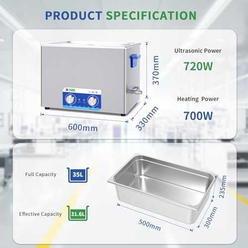 Image of DK SONIC Ultrasonic Cleaner,37L 720W Sonic Cleaner with Heater&Mechanical Timer,Ultrasonic Carburetor Cleaner for Cleaning Gun,Engine,Carburetors,Chains(Include Basket)