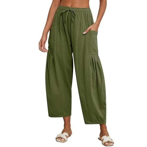 Women Linen Pants Wide Leg Boho Pants Loose Lightweigt Beach Palazzo Harem Pants with Pockets Small Army Green