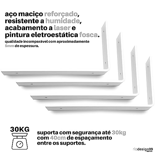 RIO DESIGN99 Mão Francesa 30cm Cantoneira Invertida - Branca - 4 Unidades - Reforçada Industrial Sup