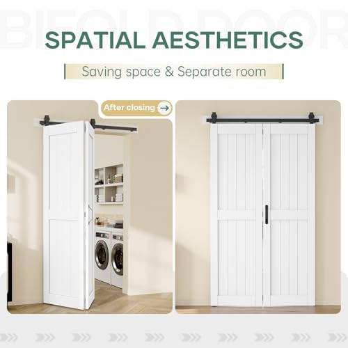 Easelife 48x84in Bifold Barn Door with Hardware Kit, White Sliding Closet Doors 2 Panels with 52'' Track, Waterproof MDF Folding Barn Door for Closet, Laundry Room,Easy Assembly Pre-Drilled by EaseLife - Used condition - Image 4