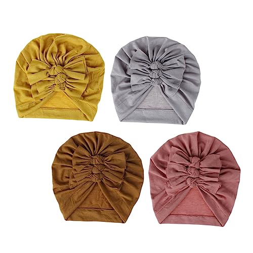 4Pcs Adorable Hats Soft Cotton Pullover Caps with Pleated Bow Fashionable Headwear for Boy Girl Years Dusty
