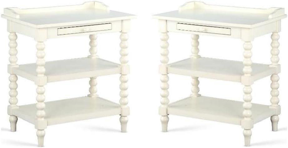 Home Square Wood Turned Leg Storage Nightstand in Antique White - Set of 2