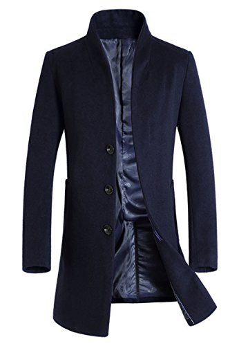 LavnisMen's Trench Coat Long Wool Blend Overcoat Slim Fit Down Topcoat Thin Style Navy Blue L