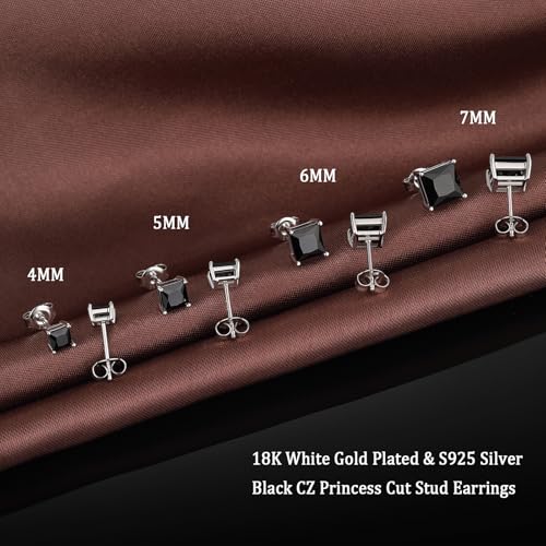 18K White Gold Plated 925 Sterling Silver Princess Cut Cubic Zirconia Stud Earrings Square Simulated Diamond CZ Stud Earrings for Women Men Hypoallergenic 4MM-8MM4