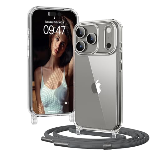 OLEPHY Telefoonketting Case Compatibel met iPhone 17 Pro Hoesje, Crossbody Hoesje Verstelbaar en Afneembaar Touw, Transparant Schokbestendig Cover, Grijs