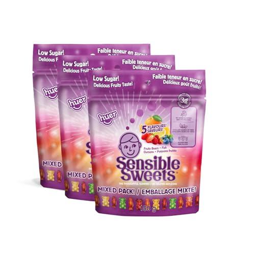 Huer - Sensible Sweets Mix Fruity Fish & Bears 3 Pack - Low-Sugar, Low-Calorie, All-Natural Gummy Candy - 150g Bags