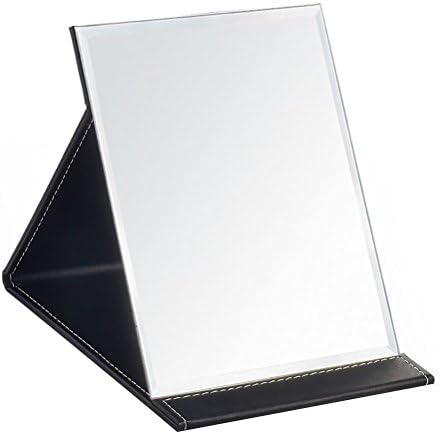 Joly Desk Mirror, Pu Leather Portable Folding Desktop Makeup Mirror with Adjustable Stand for Personal Office Travelling (L, Black)