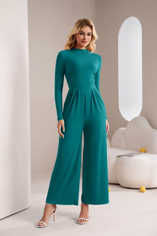 Mono Mujer Manga Larga Cuello en Tortuga Jumpsuit Elegante Pantalones de Pierna Ancha con Bolsillos Informal Monos de Una Pieza con Cremallera Moda Enterizo Otoño de Ceremonia Cóctel Salir