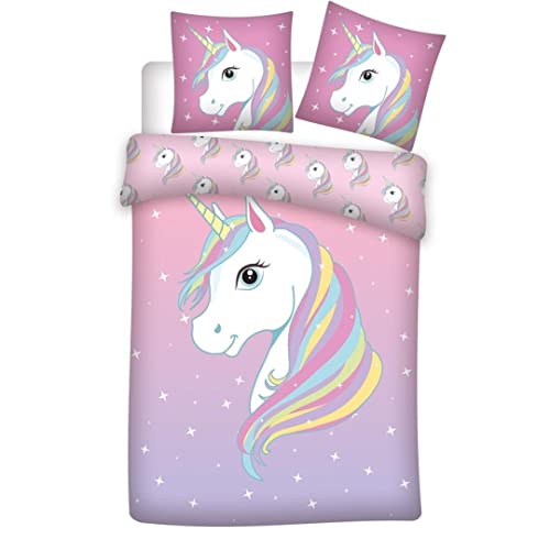 Parure de lit Licorne 100% Coton - Housse de Couette 140x200 cm + Taie d'oreiller 65x65 cm, Rose