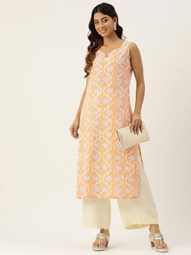 Image of feranoid Women's Pure Cotton Floral Print Straight Kurti | Elegant Curved V-Neck | Sleeveless Calf-Length Ethnic Wear | Comfortable Regular Fit | Sizes XS-XXL