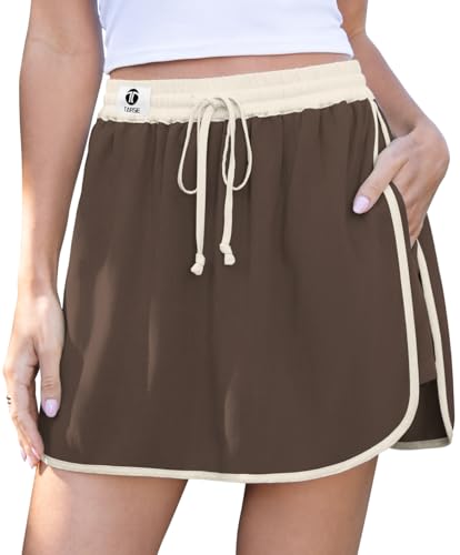 TARSE Womens Linen Skort High Waisted Drawstring Lounge Skirt with Built in Shorts Casual Summer Home Wear (DarkCoffee,M)