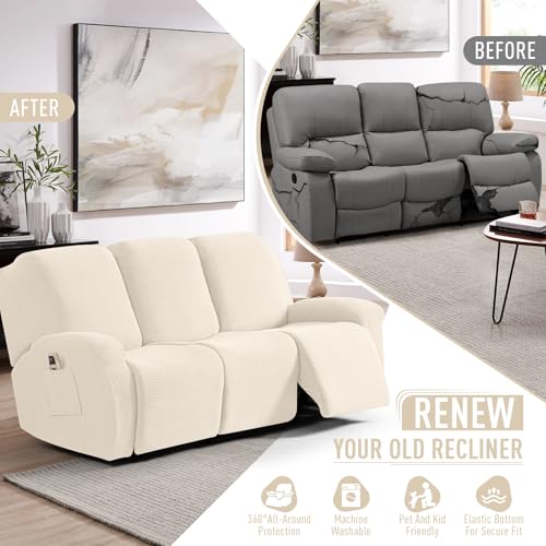 Image of TAOCOCO Recliner Sofa Covers 8-Pieces Stretch Large Couch Covers for 3 Seats Reclining Slipcovers Soft Jacquard Pattern Furniture Protector (Beige)