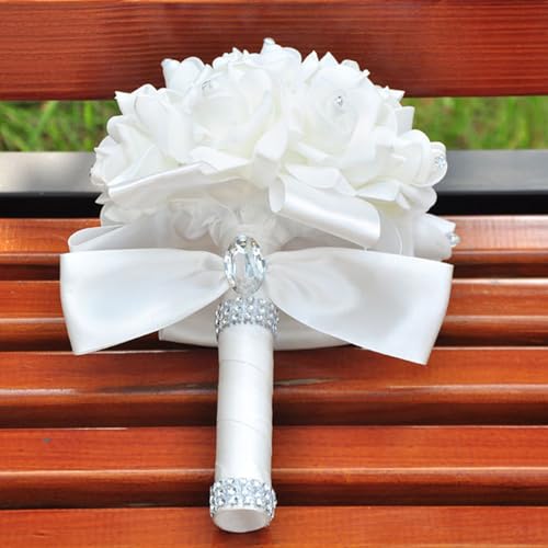 Wedding Bouquets for Bride, Bridal Flowers for Wedding, Bride Bridesmaid Hand Flowers Bridal Bouquet Crystal Diamond Silk Roses, Artificial Flowers Bouquet for Church Wedding Party (White) - Image 7