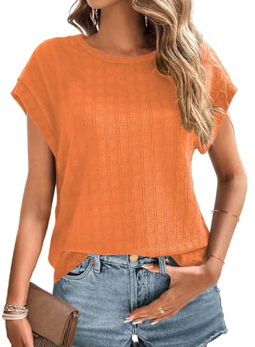 Chicrise - Camiseta para mujer, elegante y chic, mangas tipo murciélago, cuello redondo, mangas cortas, color liso, texturada, casual, elegante, naranja, M